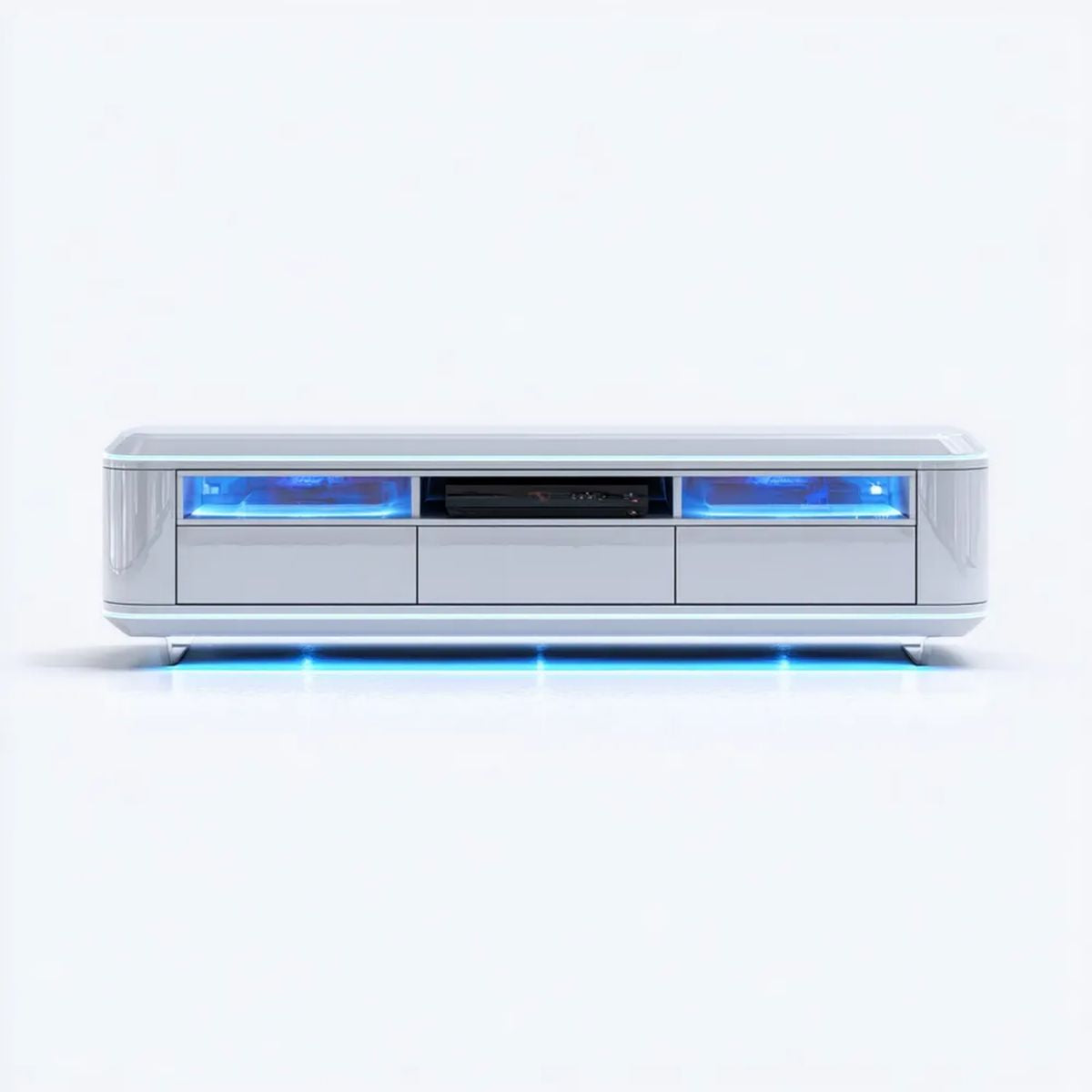 Szafka RTV, Biała, błyszcząca prostokątna szafa TV w MDF z niebieskim diodem LED oświetlenie, 200 x 45 x 40 cm