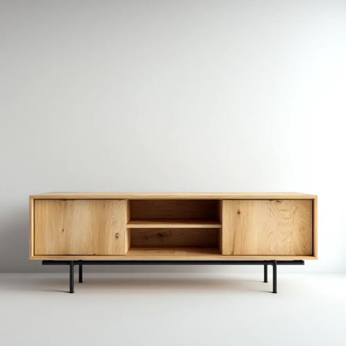 Szafka RTV, Prostokątna szafa TV 2 przesuwne drzwi w płaskich panelach MDF, 180 x 40 x 55 cm, Dębowy i czarny