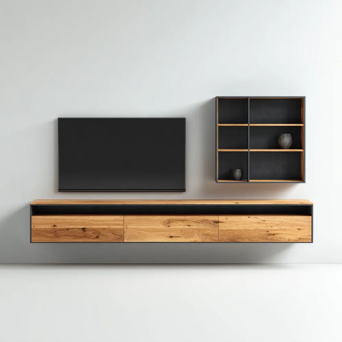 Szafka wisząca TV i półka wisząca w drewnie i MDF w kolorze naturalnym Dębowy / antracyt, szafa telewizyjna 200 x 35 x 40 cm