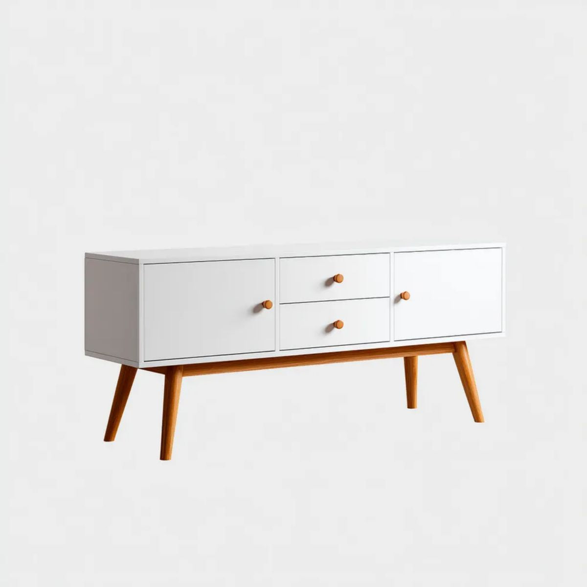 Szafka RTV, Biała szafa TV w panelach MDF DF 120 x 40 x 65 cm z 2 drzwiami, 2 szufladami i drewnianymi nóżkami