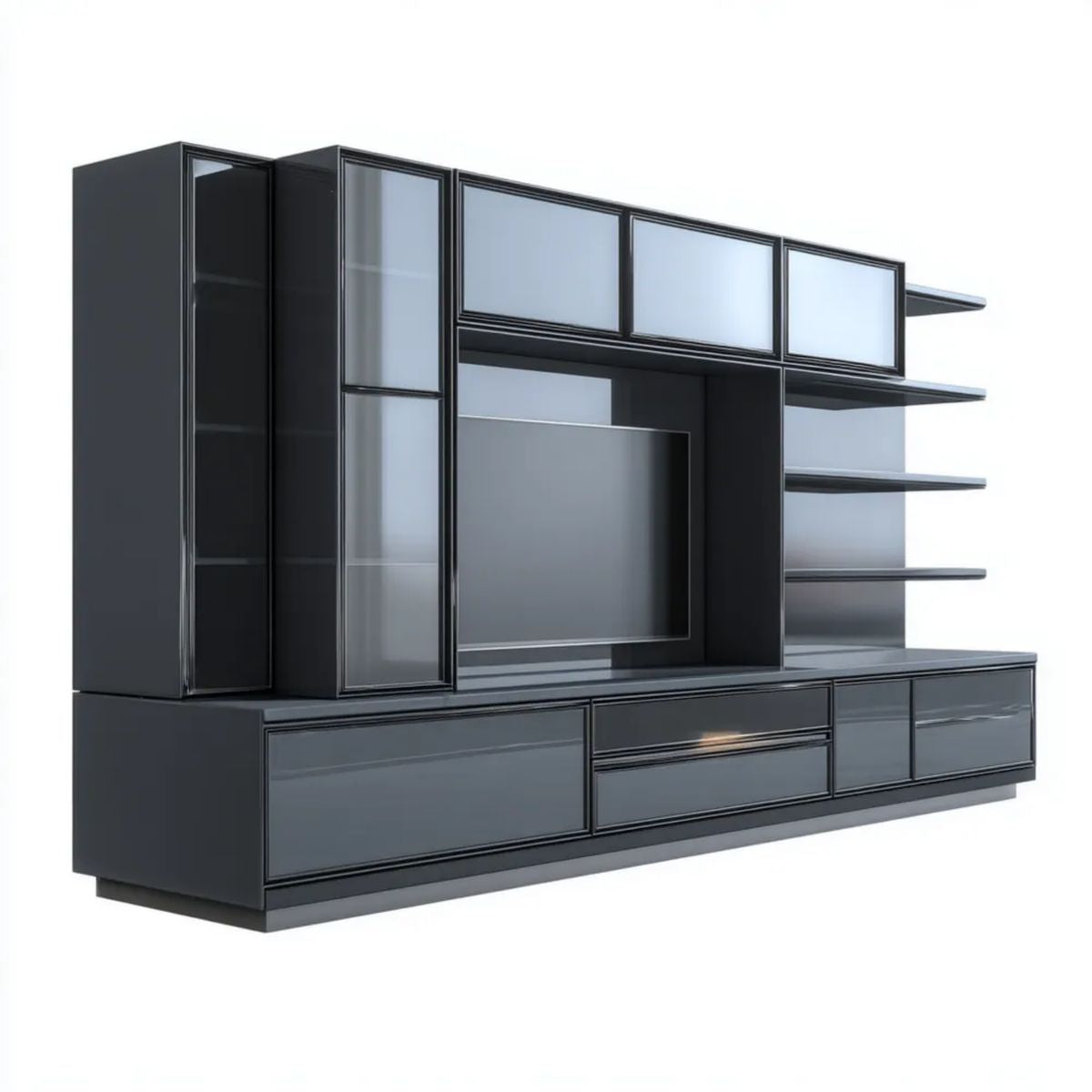 Szafka RTV, Czarna MDF i szkło hartowane szkło, 300 x 40 x 220 cm