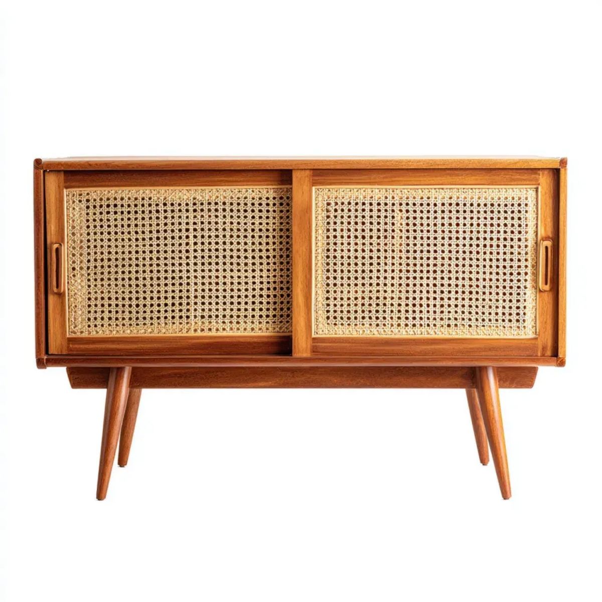Szafka RTV, Prostokątna szafa TV w brązowym drewnie i rattan naturalny, 2 drzwi przesuwne, 120 x 40 x 60 cm