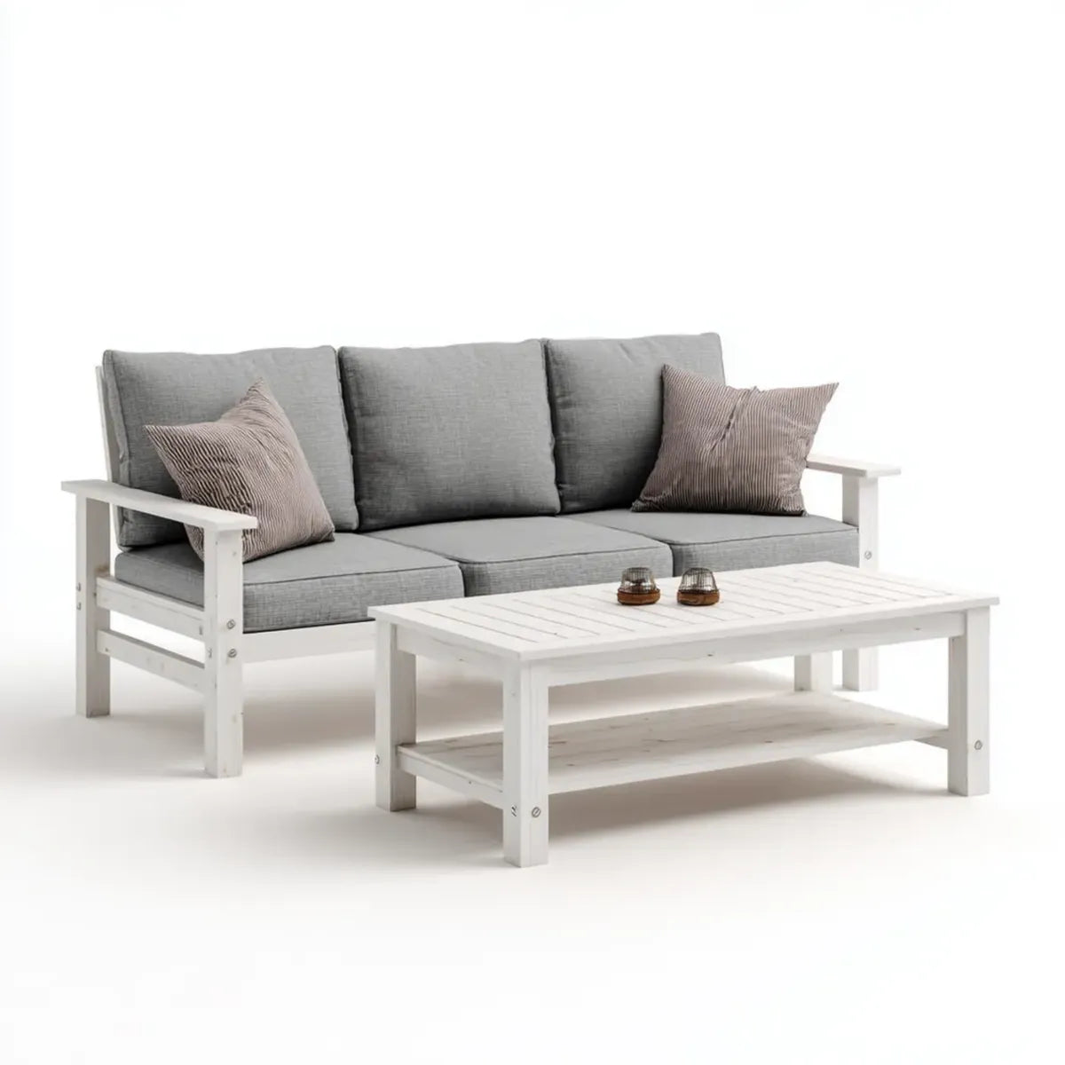 Sofa ogrodowa, Meble ogrodowe 2 pokój sofa 3 siedzenia i stolik kawowy biały szary w litej sosnie 190 x 70 x 68 cm