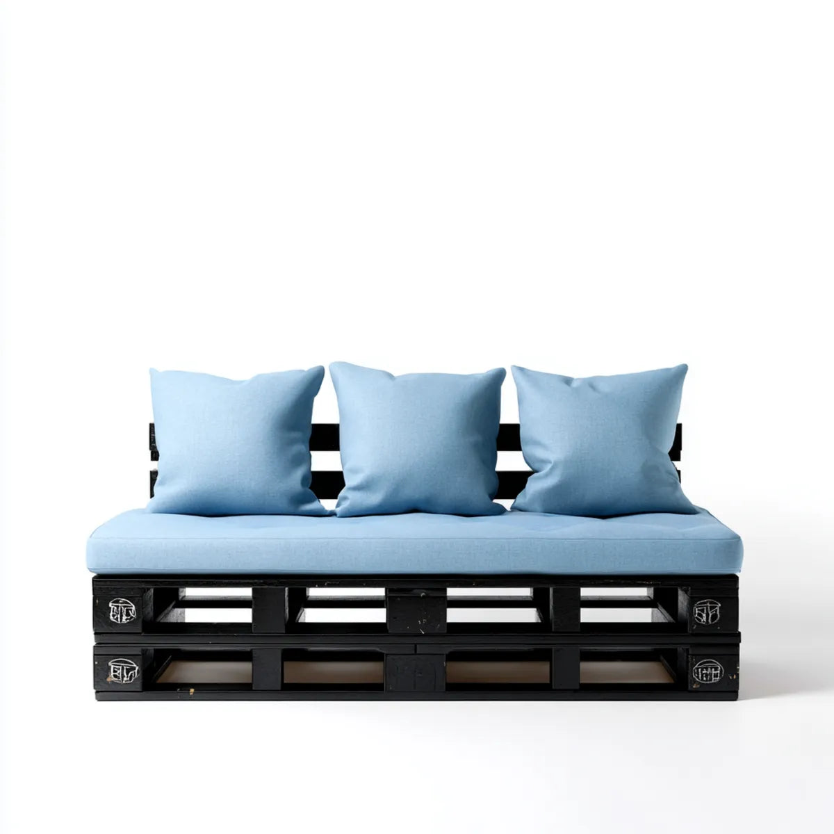 Sofa ogrodowa, Tapczan ogrodowy w paletach czarnych z poduszkami jasnoniebieskimi 120 x 80 x 75 cm prostokątne drewno lite