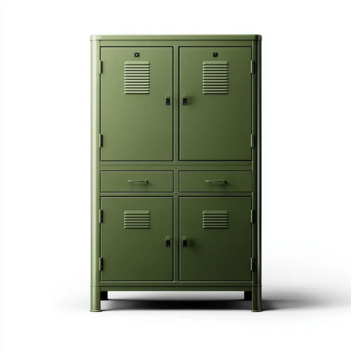 Szafka do przechowywania, Obudowa magazynowa w Glasgow olive Equigreen ze stali nierdzewnej z 4 drzwiami i 2 szufladami, 90 x 40 x 180 cm