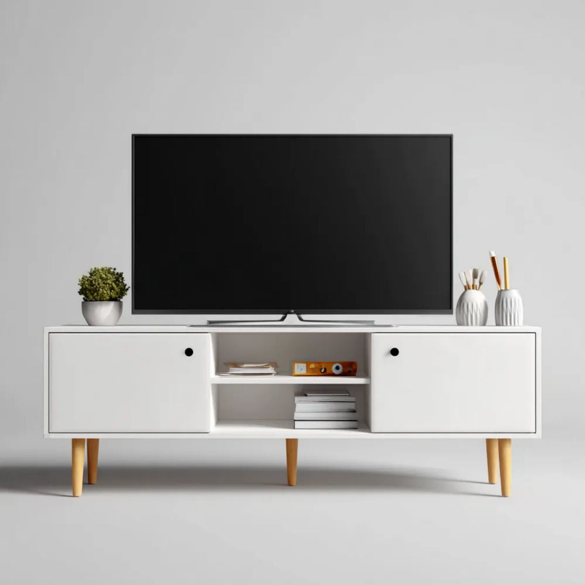 Szafka RTV, Biała prostokątna szafa TV MDF 160 x 40 x 60 cm z przesuwanymi drzwiami