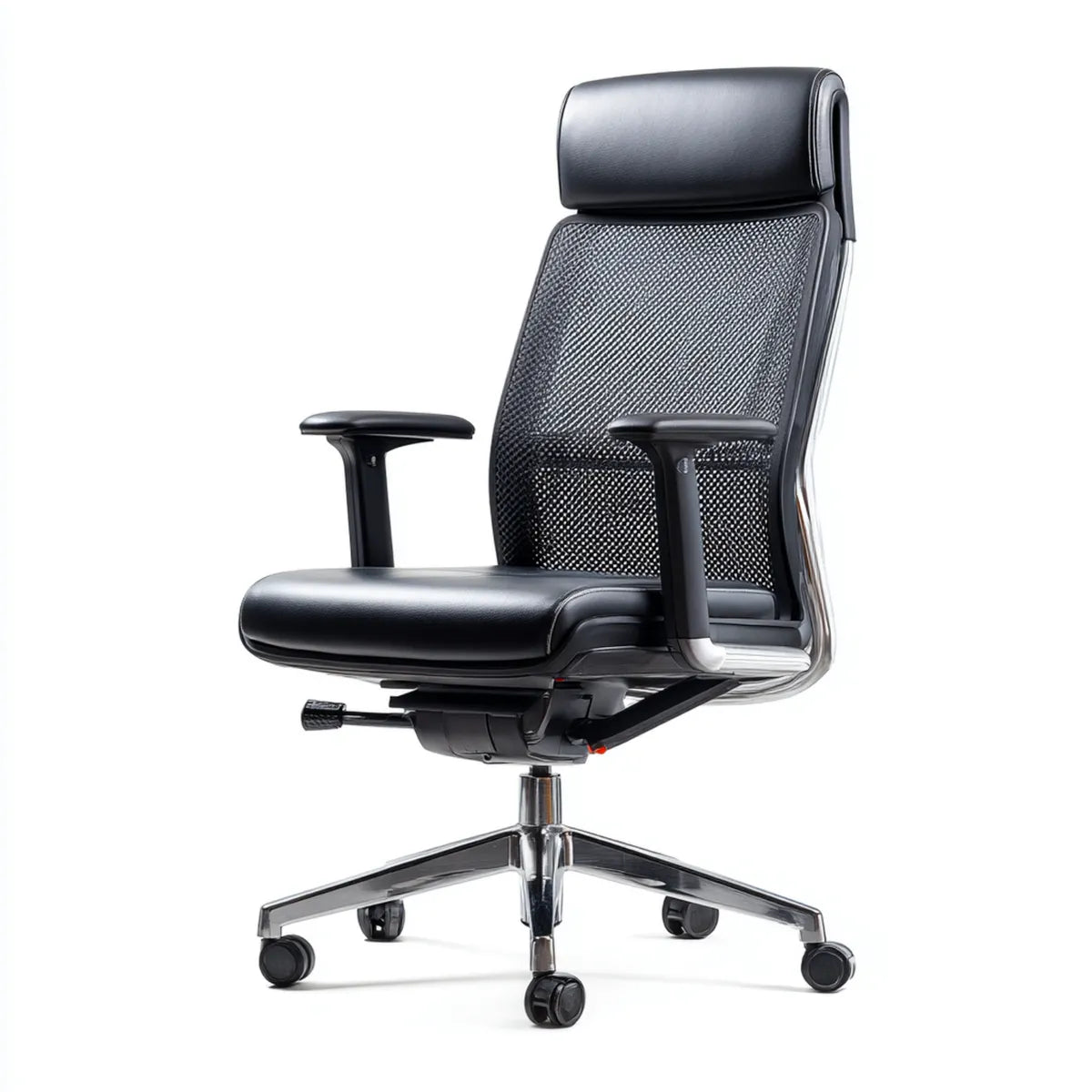 Krzesło biurowe, Ergonomiczne czarne krzesło biurkowe z wysokim oparciem w poliestrze i siatce PU 65 x 65 x 118- 128 cm