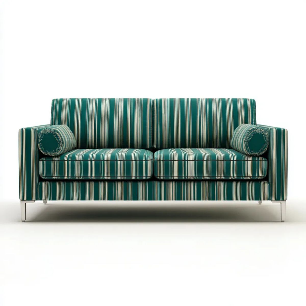 Sofa, 2 fotela w ciemnozielonym i off- białym poliestrowym tkaniny, 170 x 85 x 82 cm, z cylindrycznymi poduszkami
